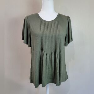 BANANA REPUBLIC Olive Green Short Flutter Sleeve Pintuck Pleat Front Top S